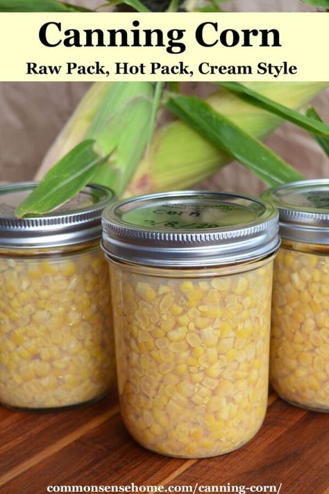 Canning corn means no spoilage if the power goes out, and homegrown corn all year long. We'll help you learn how to can corn three ways - raw pack, hot pack, and cream style. Canning Cream Corn, How To Can Corn, Canned Corn Recipes, Pickled Corn, Canning Corn, Freezing Corn, Homemade Cream Corn, Hot Water Bath Canning, Can Corn