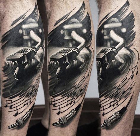 Realistic black and gray Music tattoo by artist U Gene | Post 12505 | World Tattoo Gallery - Best place to Tattoo Arts Record Player Tattoo, Dj Tattoo, Rockabilly Tattoos, Music Tattoo Sleeves, Tattoo Sleeve Filler, Tattoo Music, Music Note Tattoo, Tattoo Filler, Kunst Tattoos