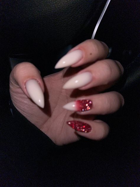 Milk nails with red glitter Milk Nails With Glitter, Red Milky Nails, White Nails With Red Glitter, Milky White And Red Nails, Milk Nails, Nails With Red, Red Nails Glitter, Milky Nails, White Ombre