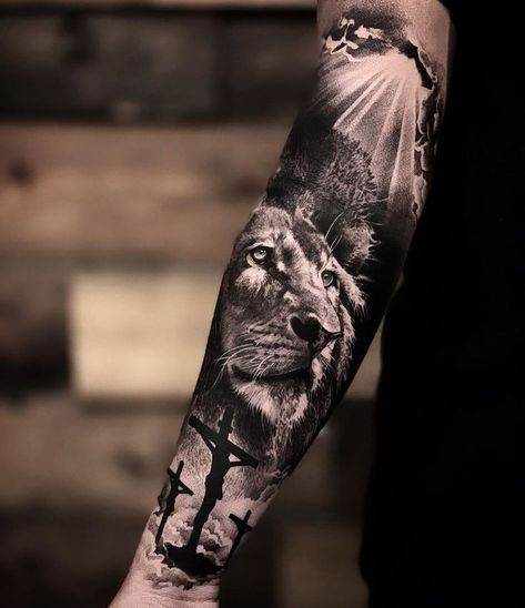 Religious Tattoo Sleeves, Lion Forearm Tattoos, Tiger Tattoo Sleeve, Arm Sleeve Tattoos For Women, Christian Sleeve Tattoo, Heaven Tattoos, Lion Tattoo Sleeves, Mens Lion Tattoo, Lion Head Tattoos