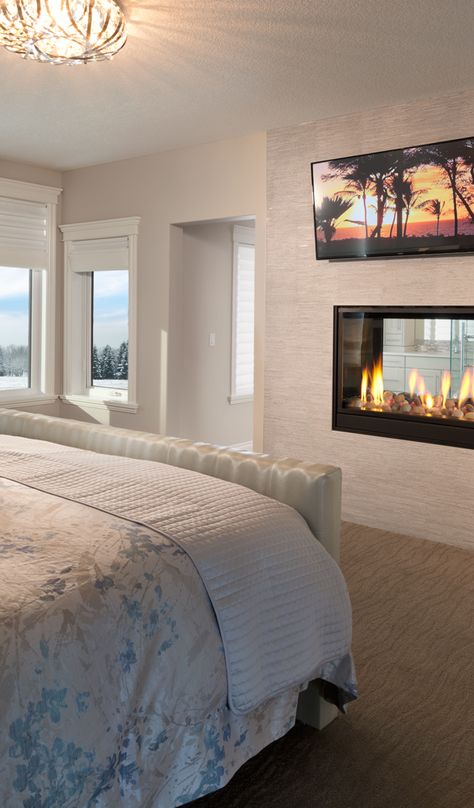 Luxury master bedroom with a 2-way gas fireplace and flat screen TV Bedroom Ideas With Tv, Tv On Wall, Master Suite Remodel, Neutral Bedrooms, Flat Screen Tv, Bedroom Fireplace, Bedroom Color, Luxury Bedroom Master, Beautiful Bedroom