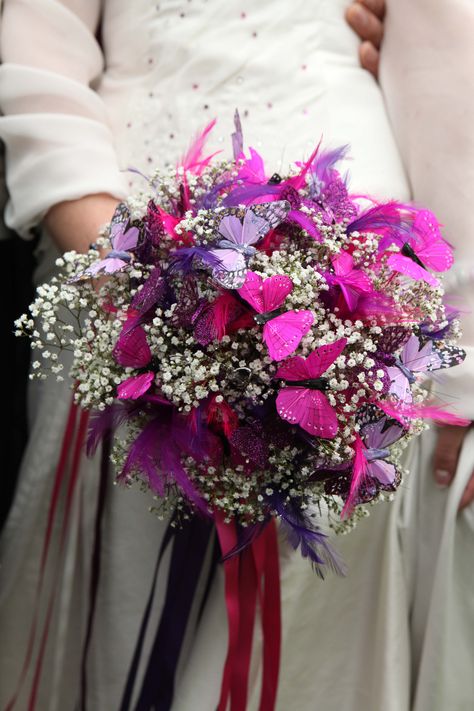 my Gypsophila/babys breath bouquet, i made with crystals, feathers and butterflies, handtied with pink and purple satin trailing ribbons and a crystal butterfly brooch. This bouquet now sits in a jug on my bedroom chest of drawers, makes me smile every day! :D Organic Wedding Decor, Butterfly Wedding Theme, Butterfly Centerpieces, Butterfly Bouquet, Bride Flower, Purple Wedding Theme, Budget Bride, Bedroom Chest Of Drawers, Quinceanera Themes