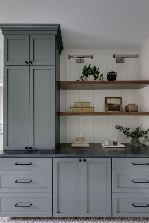 Transitional Cottage Gray Cabinets Black Countertops, Open Shelf Styling, Cottage Mudroom, Wood Open Shelving, Playroom Cabinet, Geometric Tile Floor, Transitional Cottage, Secret Basement, Mudroom Storage