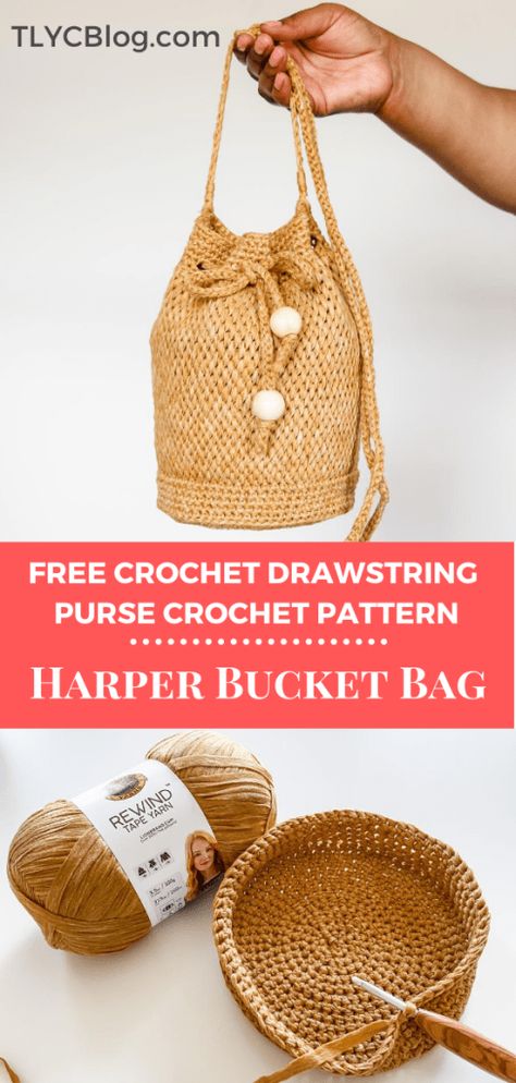 Harper Bucket Bag | Free modern and simple  crochet pattern for a summer boho chic crochet drawstring bucket bag with beads and crossbody handle. Great for trips to the market, the beach, the pool, brunch, and vacation. Get the full free pattern + helpful tutorial video and photos. | TLYCBlog.com #freecrochetpattern #crochetbag #bohocrochet #summercrochet # Bag Free Crochet Pattern, Bucket Bag Pattern, Crochet Drawstring Bag, Drawstring Bag Pattern, Tl Yarn Crafts, Crochet Drawstring, Tote Crochet, Raffia Crochet, Makramee Diy