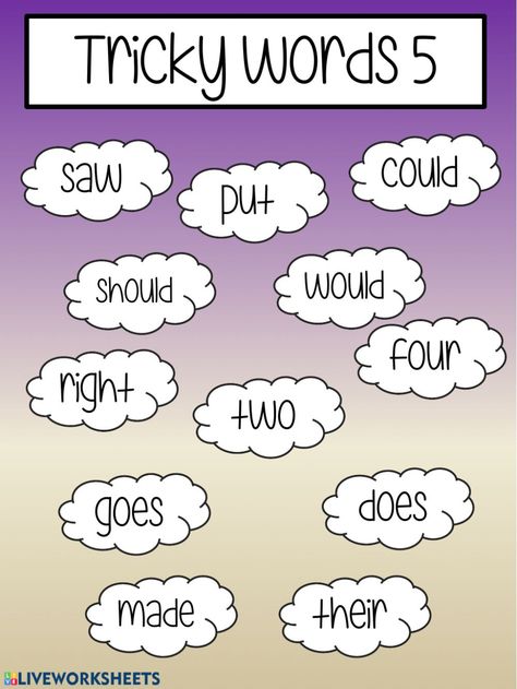 Tricky words 5 - Interactive worksheet Tricky Words Worksheets, Teaching Cursive Writing, Digraphs Worksheets, Teaching Cursive, Phonics Worksheets Free, Montessori Language, English Worksheets For Kindergarten, Trick Words, Tricky Words