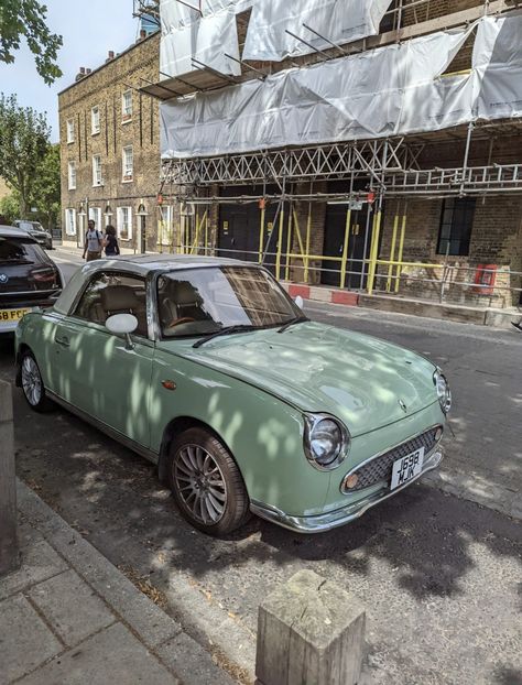 Nissan Figaro, Figaro London, Mint Figaro, London car, London, London aesthetic Old Fashioned Cars Vintage, Figaro Car Nissan, Small Cars Aesthetic, Nissan Figaro Aesthetic, Small Car Aesthetic, Green Car Aesthetic, Old Fashion Cars, Sage Green Car, Mint Green Car