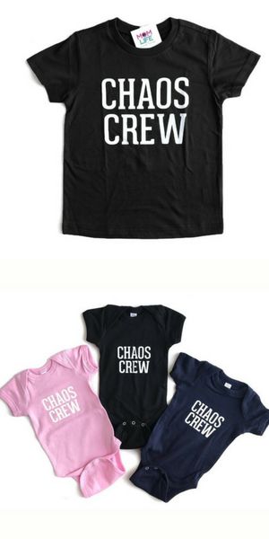 Love these adorable Chaos Crew t-shirts and onesies from Mom Life Must Haves! What a cute idea! It goes with their Fueled by Caffeine and Chaos shirt for mamas! #ad #toddler #baby #onesie #tshirt #shirt #tee #funny #chaoscrew #chaos #momlife Funny Sibling Shirts, Caffeine And Chaos, Cricut Htv, Funny Toddler Shirt, Funny Toddler, Funny Kids Shirts, Sibling Shirts, Mommy Shirts, Funny Baby Onesies