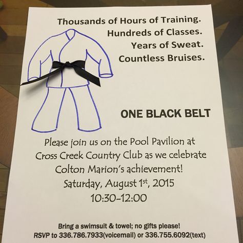 Black belt party invitation Black Belt Celebration Ideas, Black Belt Party Ideas, Black Belt Party Taekwondo, Black Belt Party, Taekwondo Display, Ji Jitsu, Karate Party Decorations, Taekwondo Belt Display, Black Belt Taekwondo