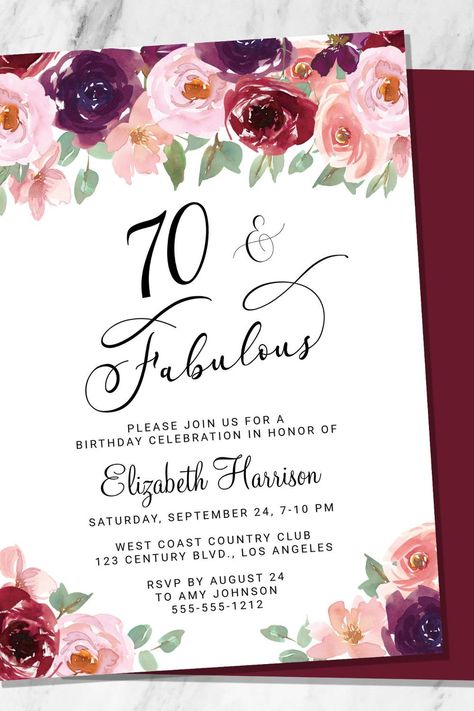 Elegant Floral 70th Birthday Party Invitation Floral Birthday Invitations, 50th Birthday Party Invitations, Birthday Party Design, 50th Birthday Invitations, 70th Birthday Parties, 50th Birthday Party, 70th Birthday, Party Design, Birthday Party Invitation