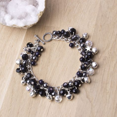 Beaded Charm bracelet - Star and jingle bells black beaded charm bracelet | Gemstone charms | Monochrome jewelry | Statement jewellery by inspira on Etsy - http://etsy.me/2nfjr8z Bracelet Star, Handmade Charm Bracelets, Beaded Charm Bracelet, Large Bracelet, Statement Jewellery, Star Spangled, Bracelet Gemstone, Jewelry Statement, Gemstone Beaded Bracelets