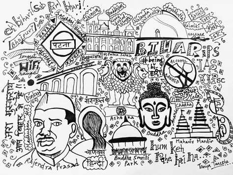 Doodle of Bihar!!  Representing the rich historical culture of bihar through a doodle.. Bihar Culture Drawing, Bihar Painting, Bihar Culture, Bihar Tourism, Travel Doodle, Dussehra Celebration, Travel Doodles, Indian Traditional Paintings, Cool Doodles