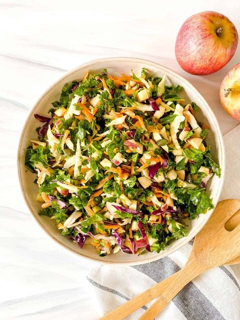 Kale Apple Slaw - Through The Fibro Fog Kale Apple Salad, Kale Slaw, Red Cabbage Recipes, Salad With Balsamic Dressing, Apple Salad Recipes, Fibro Fog, Apple Slaw, Beetroot Salad, Slaw Recipes