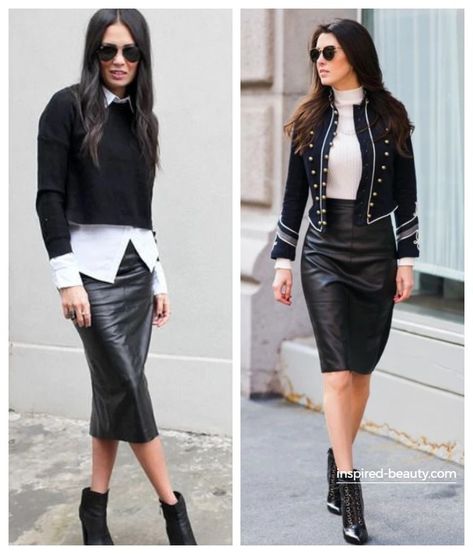 Faux Leather Pencil Skirt Outfit Black Faux Leather Pencil Skirt For Fall, Chic Faux Leather Pencil Skirt For Date Night, Chic Fitted Faux Leather Pencil Skirt, Spring Black Faux Leather Pencil Skirt, Date Night Faux Leather Pencil Skirt, Black Leather Pencil Skirt Outfit, Leather Pencil Skirt Outfit, Black Pencil Skirt Outfit, Faux Leather Pencil Skirt