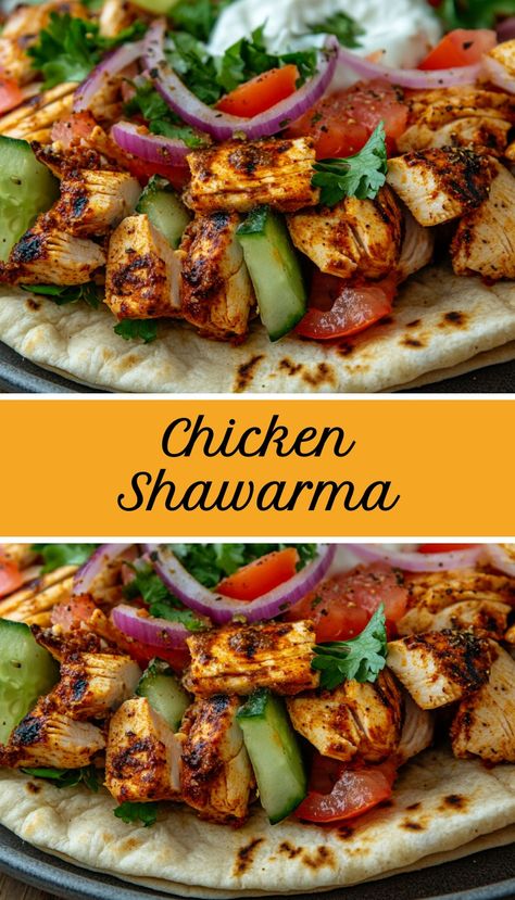 Chicken Shawarma Wrap  Ingredients   - 500g boneless chicken thighs, sliced   - 3 cloves garlic, minced   - 2 tsp ground cumin   - 2 tsp ground coriander   - 1 tsp ground paprika   - 1 tsp ground turmeric   - 1 tsp cayenne pepper   - Salt and pepper to taste   - 1/4 cup plain yogurt   - 2 tbsp olive oil   - Juice of 1 lemon   - 4 large pita breads   - 1 cup shredded lettuce   - 1 cup diced tomatoes   - 1/2 cup sliced cucumbers   - 1/4 cup tahini sauce   - Fresh parsley for garnish Shawarma Wrap, Wrap Ingredients, Chicken Shawarma Wrap, Pain Pita, Chicken Shawarma, Pepper Salt, Tahini Sauce, Ground Turmeric, Shredded Lettuce