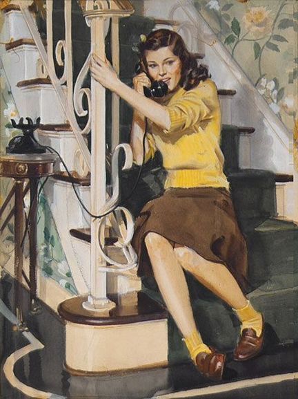 John Gannam painting color illustration 40s teenager on phone vintage fashion style yellow sweater socks brown skirt penny loafer shoes hair bow Talking On The Phone, On The Phone, Pulp Art, Pierre Balmain, Norman Rockwell, Vintage Life, Mellow Yellow, Pics Art, Pulp Fiction