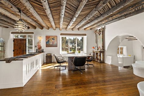 Santa Fe Interiors, Pueblo Revival, Santa Fe Home, Adobe Home, University Of New Mexico, Revival Architecture, Open Market, Huge Windows, Wooden Ceilings