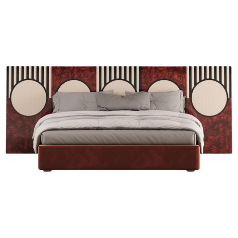 Elevate your bedroom with the Dijon Bed, a contemporary masterpiece. Inspired by Art Deco and Mid-century vibes, its marquetry headboard features geometric spheres and stripes. Crafted with meticulous detail, this bed combines functionality with artistic elegance, ideal for elevating any master bedroom interior design project. Dijon Bed is perfect for experiencing grace every night in a modern bedroom setting that blends sophistication with creative expression. Dijon Bed promises to enrich any s Laminate Bed Design, Modern King Bed, Modern Queen Bed, Wood Marquetry, King Bed Headboard, Art Deco Bed, Unique Furniture Design, Mid Century Modern Wood, Deco Pattern