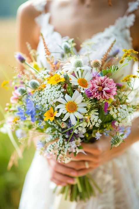 Simple Garden Centerpieces, Diy Wedding Bouquet Wildflowers, Daisy And Wildflower Bouquet, Weddings Under 50 People, Meadow Bouquet Wedding, May Flowers Wedding, Garden Wedding Floral Arrangements, June Wildflower Bouquet, Mini Wildflower Bouquet