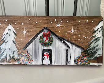 Painted Slate welcome signs and wood decor by LindaSpangArt Christmas Barn, Pretty Christmas Trees, Christmas Canvas Art, Barn Signs, Christmas Paintings On Canvas, Christmas Church, Christmas Wall Hangings, Holiday Painting, Winter Painting