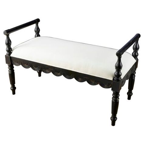 Elegantly upholstered in ivory linen, this mindi-wood framed bench works well with a variety of decors. At almost four feet wide, it is the perfect addition to an entry, hallway, or behind a sofa. Its classic black finish and intricately carved designs complete the look of the piece. Linen Bench, Entry Furniture, Affordable Modern Furniture, Small Bench, End Of Bed Bench, Luxury Home Furniture, Living Room Bench, Bed Bench, Up House