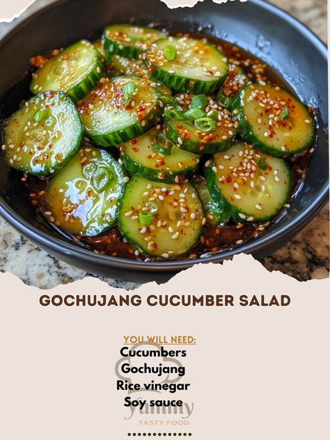 🥒 Refresh with Gochujang Cucumber Salad—spicy, tangy, and absolutely refreshing. Perfect for a quick, flavorful side! 🌶️🥗 #GochujangSalad #KoreanSides Gochujang Cucumber Salad Ingredients: Cucumbers (2, sliced) Gochujang (2 tbsp) Rice vinegar (2 tbsp) Soy sauce (1 tbsp) Honey (1 tbsp) Sesame oil (1 tbsp) Garlic (2 cloves, minced) Sesame seeds (for garnish) Instructions: Mix gochujang, rice vinegar, soy sauce, honey, sesame oil, and garlic in a bowl. Toss cucumbers in the sauce mixture. Ga... Gochujang Cucumber, Gochujang Rice, Honey Sesame, The Sauce, Cucumber Salad, Sesame Oil, Salad Ingredients, Rice Vinegar, Sesame Seeds