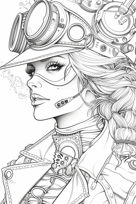 Steampunk Art Drawing, Scary Coloring Pages, Steampunk Coloring, Steampunk Woman, Adult Coloring Books Printables, Adult Colouring Printables, Coloring Page For Adults, Adult Coloring Designs, Detailed Coloring Pages