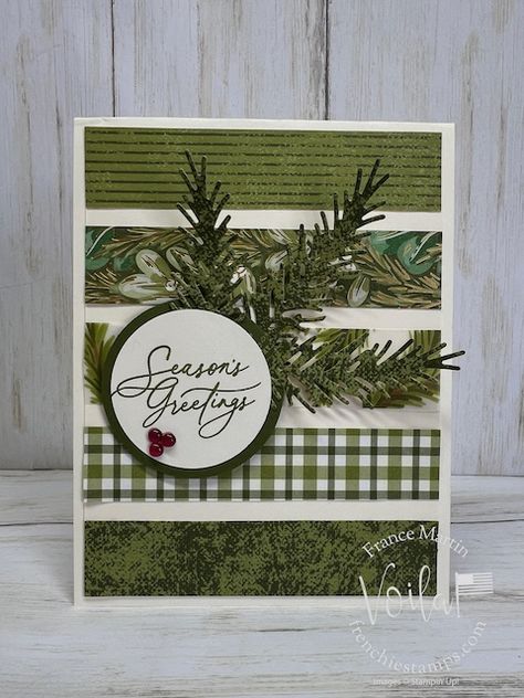 Tips For the Golden Greenery Bundle and Designer Paper #GoldenGreeneryBundle #SeasonOfGreenAndGold #GracefulGreeneryVellum #FrenchieStamps #StampinUp #PaperCrafting #FrenchieTipsVideo Stampin Up Graceful Greenery Vellum, Su Golden Greenery, Stampin Up Iconic Celebrations Dsp, Seasons Of Green And Gold Cards, Stampin Up Golden Greenery Cards, Stampin Up Golden Greenery, Golden Greenery Stampin Up Cards, Camp Christmas, Handcrafted Christmas Cards