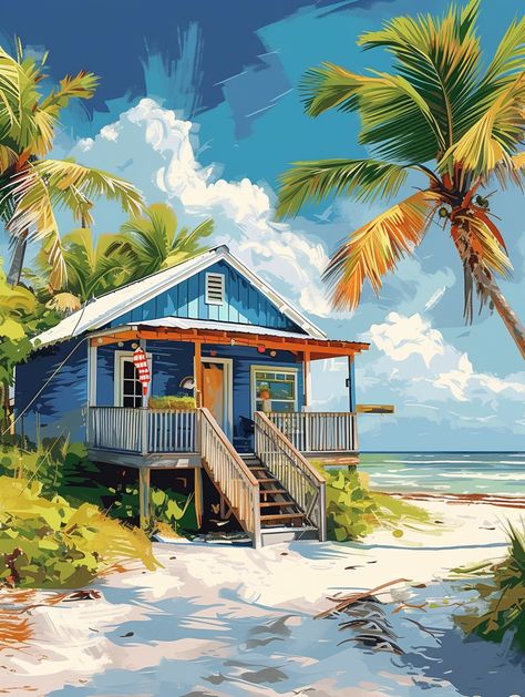 Beach House Illustration, Painting Of A House, House On The Beach, Acrylic Portrait Painting, Ant Killer, Watercolor Art Landscape, Caribbean Art, Black Art Painting, Retro Travel Poster