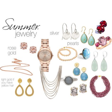 A fashion look from April 2014 featuring Burberry, disc earrings i 18k earrings. Browse and shop related looks. Cool Summer Palette Jewelry, Soft Summer Jewelry Accessories, Light Summer Jewelry, True Summer Jewelry, Soft Summer Jewelry, Soft Summer Fashion, Summer Skin Tone, Rose Gold Lights, Soft Summer Palette