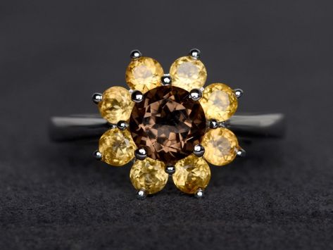 Citrine Jewelry Rings, Citrine Ring Engagement, Smoky Quartz Pendant, Sunflower Ring, Sunflower Jewelry, Handmade Jewelry Ring, Smoky Quartz Ring, Citrine Jewelry, Citrine Ring