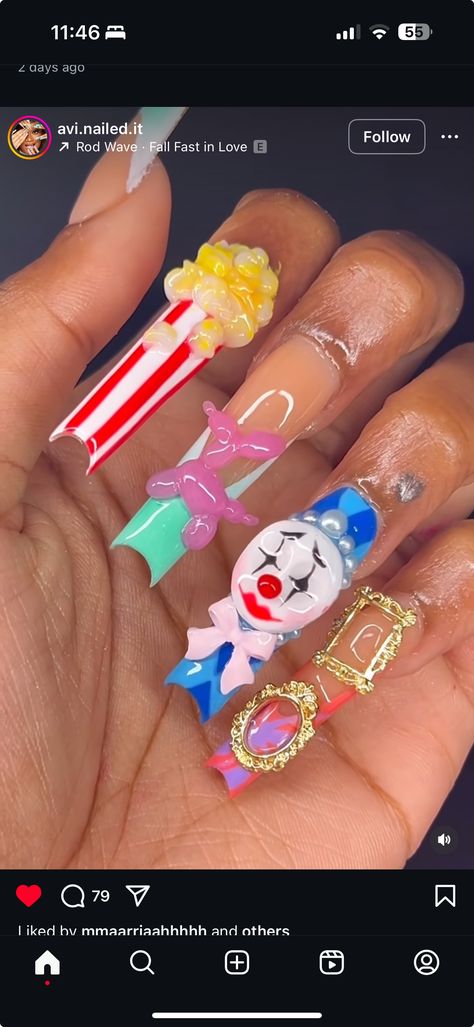 Clown Nails Acrylic, Themed Acrylic Nails, Long Nails Purple, Clown Nails, Circus Nails, Nails Purple, Evil Clowns, Nails Acrylic, Long Nails