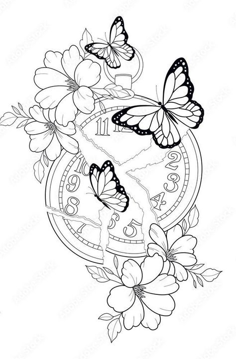 Butterfly Tattoo Stencil, Half Sleeve Tattoos Drawings, Cute Hand Tattoos, Clock Tattoo Design, Pretty Hand Tattoos, Tattoo Zeichnungen, Tattoos For Women Half Sleeve, Small Pretty Tattoos, Tattoos For Black Skin