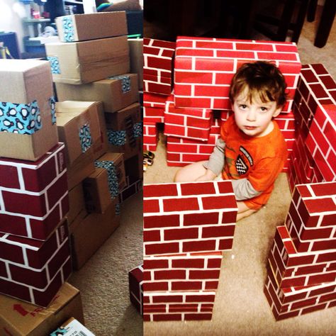 #diy cardboard building bricks ! I found this brick bulletin board paper at Walmart! Only $17 for 50ft!  Wrap cardboard boxes with the paper like gift boxes! We already had sets of the store bought ones. These were bigger and more sizes.  Just as sturdy! #constructionbirthdayparty #buildingblocks #upcycle Diy Cardboard Building, Brick Wrapping Paper, Cardboard Building, Bulletin Board Paper, Birthday 2023, Construction Birthday Parties, Construction Party, Three Little Pigs, Diy Cardboard