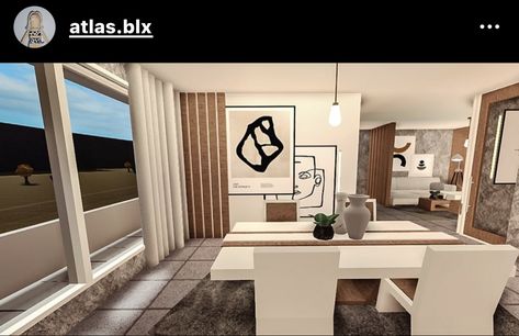 Bloxburg Dinner Room Ideas Modern, Bloxburg Entrance Ideas Modern, Roblox Bloxburg Living Room Ideas Modern, Bloxburg Minimalist Living Room, Bloxburg Dinning Rooms, Bloxburg Dinner Room Ideas, Modern Dinner Room, Modern House Dining Room, Bloxburg Living Room Ideas Modern