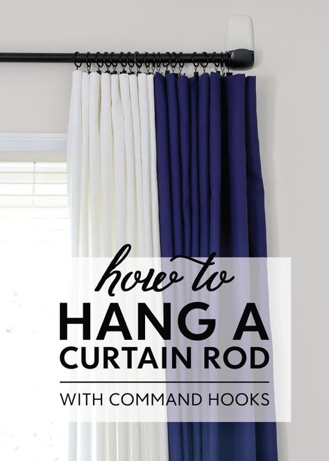 Want to hang curtains in rental but don't want to damage the wall? Learn how to hang a curtain rod without drilling using Command Hooks! Command Hooks For Curtains, Diy Curtain Hanging, Install Curtain Rods, Command Hooks Curtains, Curtains Without Rods, Curtains Over Blinds, Curtains Without Drilling, Installing Curtain Rods, Hanging Drapes