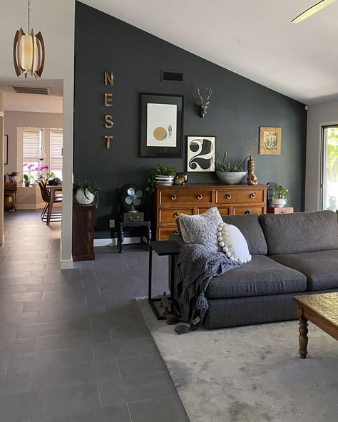 Grey Accent Wall Living Room, Grey Tiles Living Room, Dark Floor Living Room, Grey Flooring Living Room, Living Room Wall Lights, Room Wall Lights, Dark Walls Living Room, Dark Grey Living Room, Grey Walls Living Room