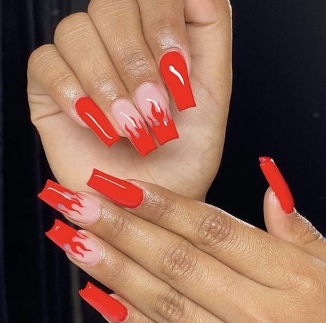 Red Orange Nail Designs Summer, Orange Flame Nails, Nola Nails, Red Flame Nails, Red Nail Designs Summer, Red Acrylic Nails Designs, Red Orange Nails, Clear Nail Designs, Bright Red Nails