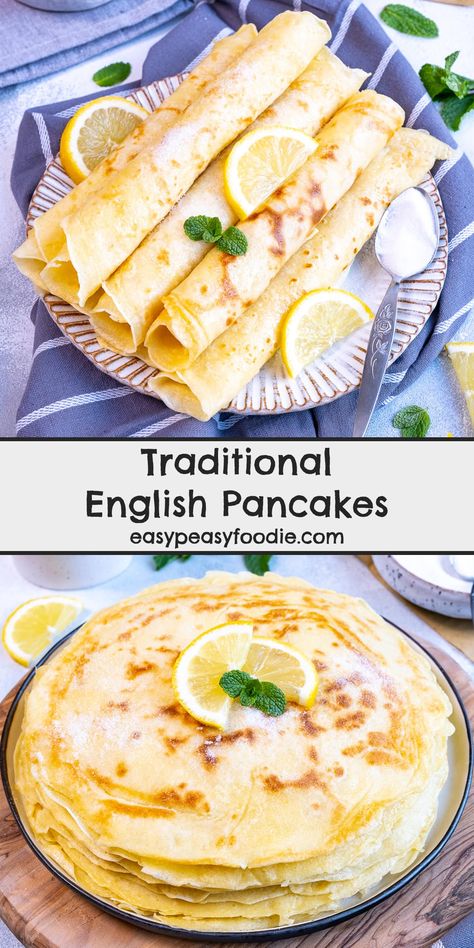 British Pancakes Recipe, English Pancakes, Lemon Pancakes, Brunch Dessert, Shrove Tuesday, Batter Recipe, Perfect Pancakes, Midweek Meals, Pancake Day