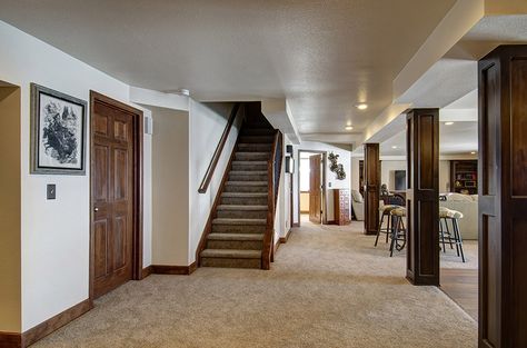 Carpet With Wood Trim, Upstairs Carpet, Drake House, Dark Wood Trim, Carpet Treads, Dark Carpet, Basement Family Room, House Updates, Cream Walls