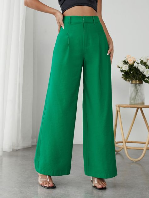 Green Elegant Collar  Viscose Plain Wide Leg Embellished Non-Stretch  Women Bottoms Wide Pants Outfit, Cotton Palazzo Pants, Palazzo Pants Outfit, Women Bottoms, Pants Outfit Casual, Flare Leg Pants, Green Outfit, Green Pants, Women Pants