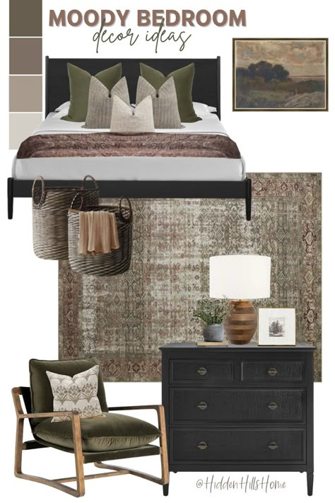 Vintage inspired moody bedroom decor mood board! Bedroom decor ideas with a brown, rust and cream color palette Hm Home, Moody Bedroom, Living Vintage, Bedrooms Decor, Traditional Bedroom, Room Update, Bedroom Green, Master Bed, Primary Bedroom