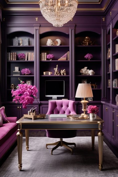 Purple Interior Design Office, Purple Office Aesthetic, Purple House Interior Ideas, Purple Library, Purple Office Ideas, Small Moody Office, Purple Office, Minimalist Living Room Ideas, Glam Office