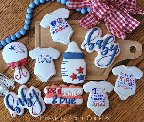 4th Of July Baby Shower Cookies, 4th Of July Gender Reveal Cookies, Red White And Due Baby Shower Cookies, Pregnancy Desserts, Firework Gender Reveal, Baby 2024, Baby Boy Cookies, Onesie Cookies, Gender Reveal Cookies