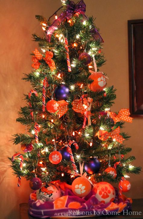 Clemson Christmas Tree, Clemson Baby, Themed Trees, Library Decorations, Outdoor Christmas Tree Decorations, Clemson Fans, Christmas Tree Pictures, Christmas Staircase, Front Door Christmas Decorations