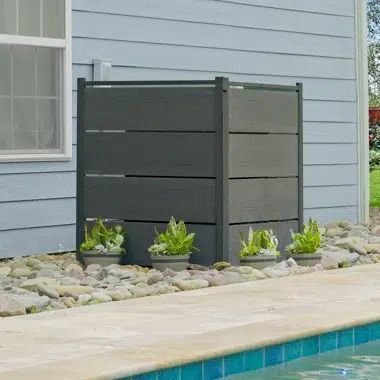 Enclo 4 ft H x 3.3 ft W Bessemer WoodTek Vinyl Charcoal Privacy Screen Kit (2 Panels) & Reviews | Wayfair Lanai Privacy Ideas, Garbage Can Storage Outdoor, Air Conditioner Screen, Pool Equipment Enclosure, Hide Trash Cans, Hidden Pool, Air Conditioning Cover, Privacy Fence Panels, Pool Pumps