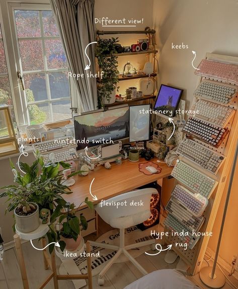 Small Space Pc Setup, Craft Table Set Up, Decorating Work Desk, Desk Setup In Front Of Window, Cottagecore Desk Setup, Computer Set Up, Study Desk Inspiration, Cintiq Setup, Bedroom Desk Setup