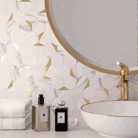 Vinyl Tile Bathroom Wall, Marble And Gold Backsplash, Modern White Backsplash Kitchen, Fun Bathroom Wallpaper Modern, Peel And Stick Wall Tile Bathroom, Bathroom Tile Ideas Accent Wall, Peel And Stick Kitchen Tile, Gold And White Bathroom Decor Ideas, Groutable Peel And Stick Tile