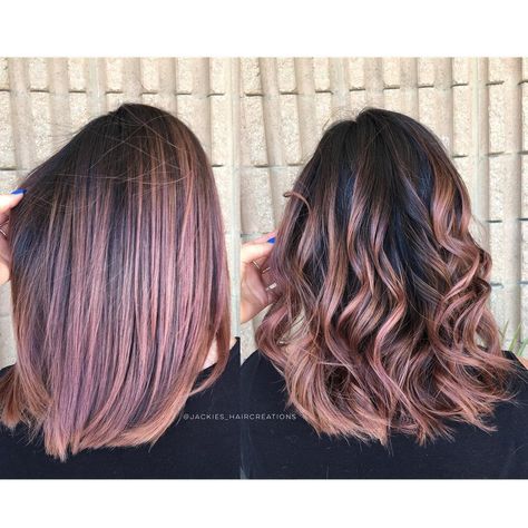 Jaqueline Pimentel on Instagram: “Straight or curly? I can't decide, I love them both! My guest, @whelansaloncare , was already blonde and wanted to change it up for the…” Rose Gold Highlights Brunette Straight, Brown To Pink Balayage Straight Hair, Subtle Rose Gold Balayage Brunette, Dark Brown To Rose Gold Balayage, Straight Pink Hair, Rose Balayage, Straight Rose Gold Hair, Long Bob Balayage, Brown And Pink Hair