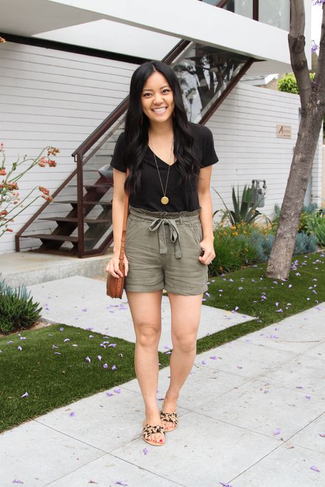 Black tee + Olive shorts + Leopard Slides + Brown cross body Summer Outfits With Shorts, Outfits With Shorts, Leopard Slides, Shorts Outfit Ideas, Olive Shorts, Outfit Inspiration Women, It's Too Hot, Everyday Casual Outfits, Shorts Outfits