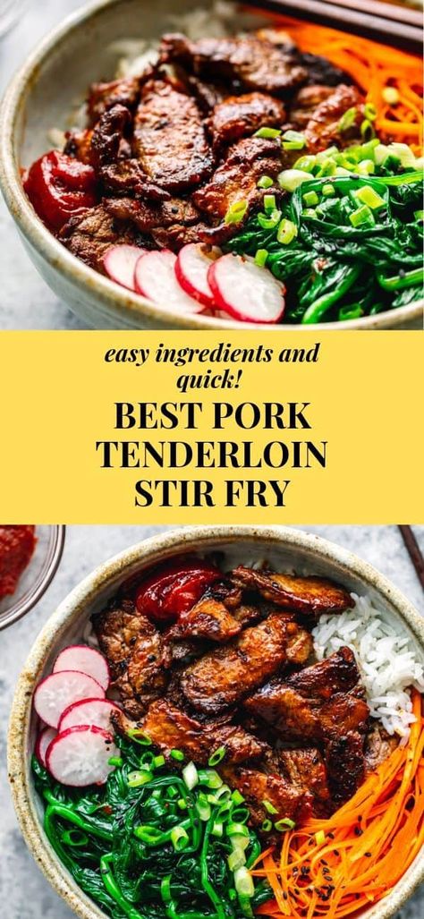 So easy, quick, and delicious! If you are looking for easy pork tenderloin recipes, looking no further! You only need to cook this pork loin in about 5-6 minutes in a skillet! This Asian Pork Tenderloin Stir Fry is so juicy, tender, and flavorful! It's something that your kids will love because of its sweet flavor! #pork #tenderloin #stirfry #asianrecipes #recipes Sweet And Sour Pork Recipe, Best Pork Tenderloin, Easy Pork Tenderloin Recipes, Asian Pork Tenderloin, Asian Bowl, Pork Stir Fry Recipes, Easy Pork Tenderloin, Asian Bowls, Recipe Cheesecake